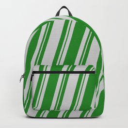 [ Thumbnail: Forest Green and Light Gray Colored Stripes Pattern Backpack ]