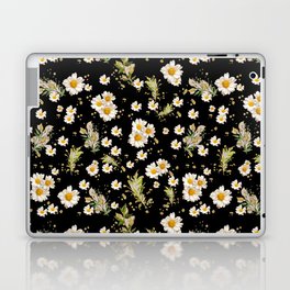 White Daisies Floral Field Pattern Seamless Cottagecore Midnight Black Background Laptop Skin