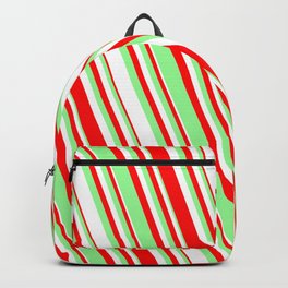 [ Thumbnail: Red, Green & White Colored Striped/Lined Pattern Backpack ]