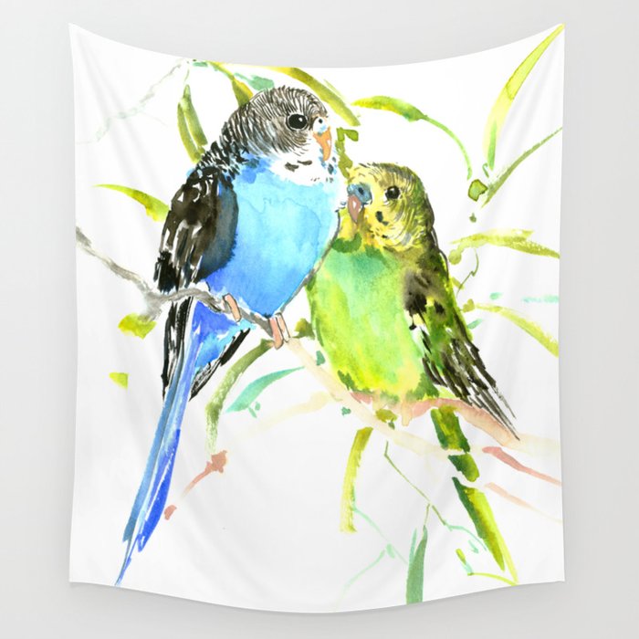 Budgies, love bird green blue decor Wall Tapestry