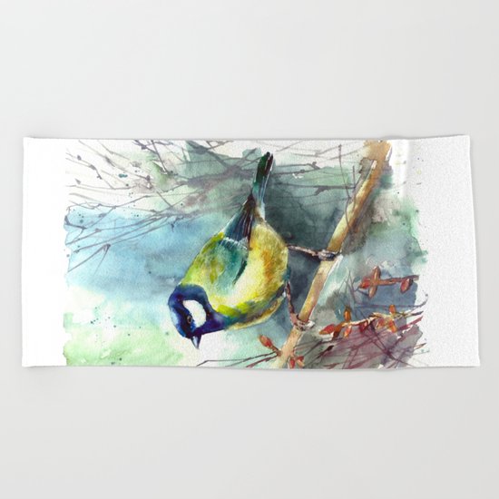 Watercolor aquarelle titmouse bird Beach Towel