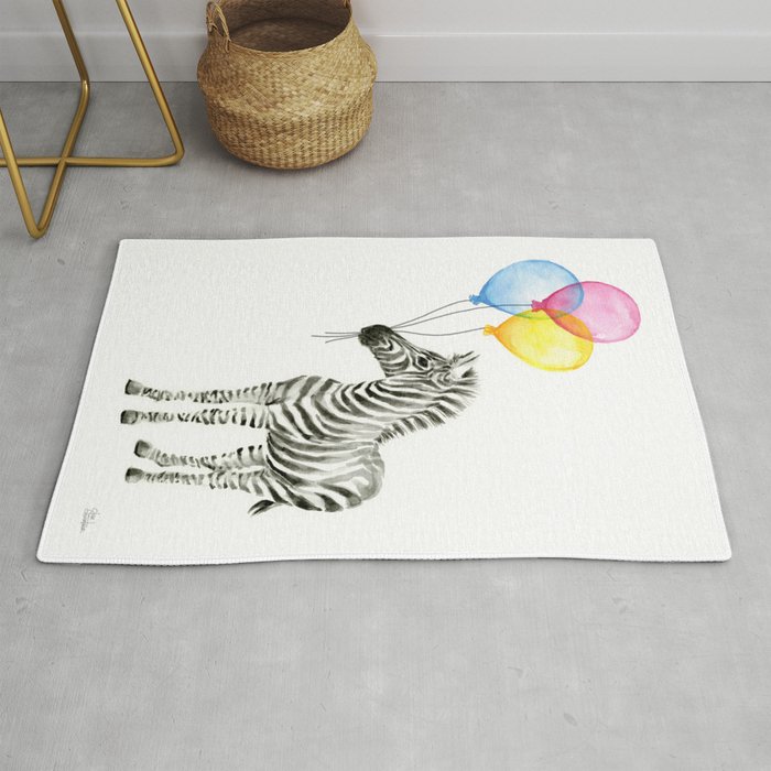 Zebra Watercolor With Heart Shaped Balloons Rug