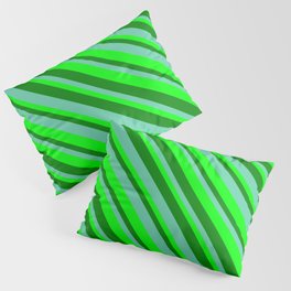 [ Thumbnail: Green, Aquamarine & Lime Colored Striped Pattern Pillow Sham ]