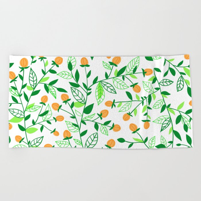 Floral doodles green and orange Beach Towel