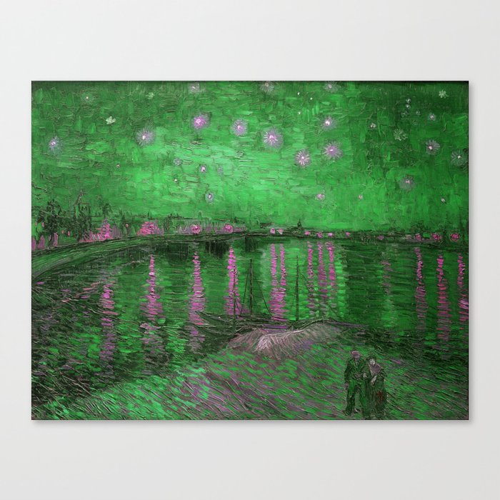 Starry Night Over the Rhone landscape painting by Vincent van Gogh in alternate emerald green with pink stars Canvas Print