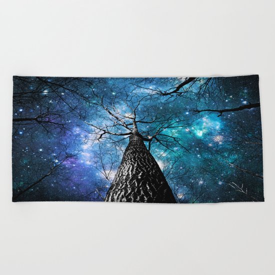 Wintry Trees Galaxy Skies Teal Blue Violet Beach Towel