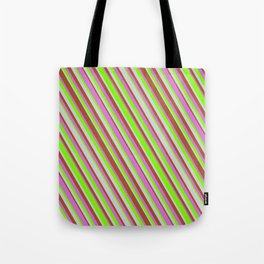 [ Thumbnail: Sienna, Orchid, Green & Light Gray Colored Stripes Pattern Tote Bag ]