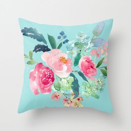 Aqua Blue and Pink Floral Watercolor Throw Pillow