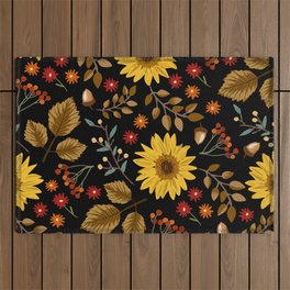 Autumn sunflowers with black background pattern. Maple leaves, sunflowers, flowers ditsy.  Outdoor Rug