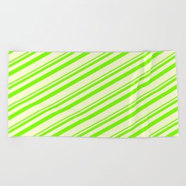 [ Thumbnail: Green and Light Yellow Colored Lined/Striped Pattern Beach Towel ]