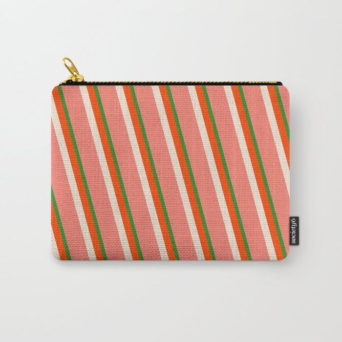 Forest Green, Red, Beige, and Salmon Colored Lined/Striped Pattern Carry-All Pouch