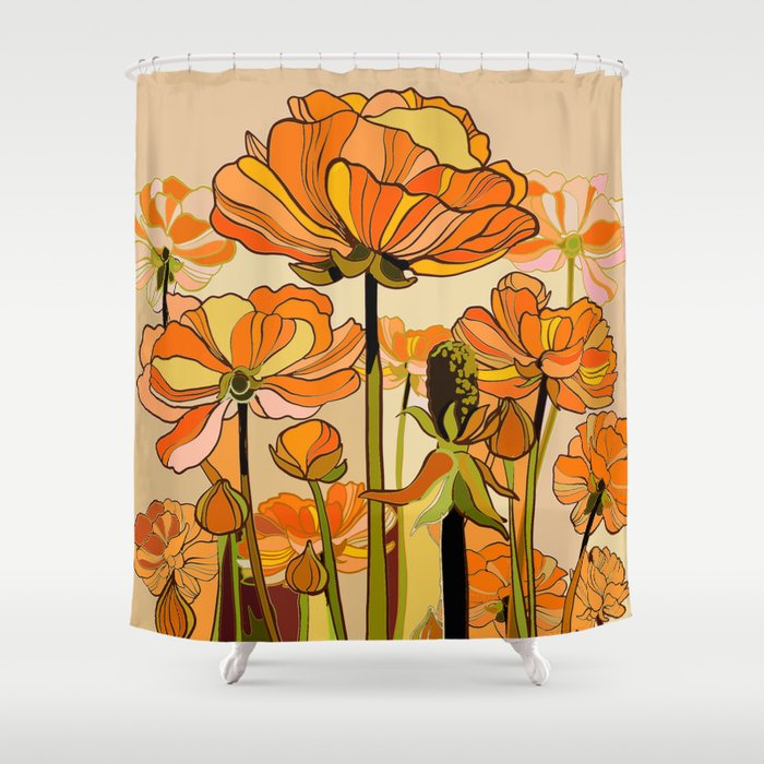 70s, Orange California poppies, mid century, 70s retro, flowers Shower Curtain