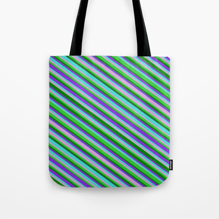 Turquoise, Plum, Lime Green, Green & Purple Colored Lined Pattern Tote Bag