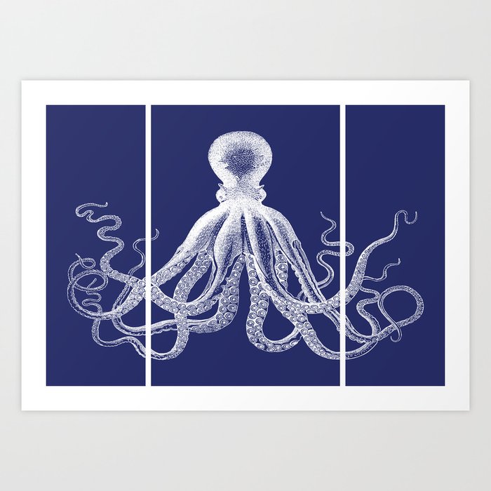Octopus Faux Triptych | Vintage Octopus | Tentacles | Navy Blue and White | Art Print
