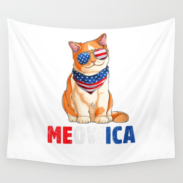 Womens Meowica Merica USA American Flag Patriotic Cat 4th of July V-Neck T-Shirt Wall Tapestry
