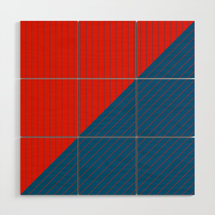 Elegant Pinstripes and Triangles Red Blue Wood Wall Art