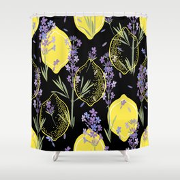 Floral background with hand-drawn lavender flowers and lemons. Vintage illustration on black. Shower Curtain