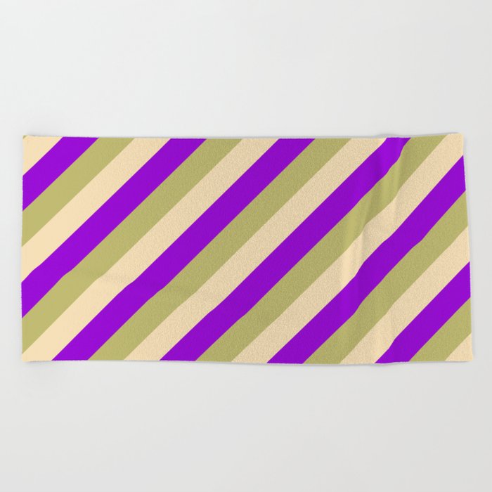 Dark Khaki, Tan, and Dark Violet Colored Striped Pattern Beach Towel