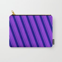 [ Thumbnail: Dark Blue and Purple Colored Lined/Striped Pattern Carry-All Pouch ]