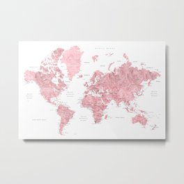 Light pink, muted pink and dusty pink watercolor world map with cities Metal Print