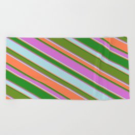 [ Thumbnail: Eyecatching Green, Orchid, Powder Blue, Coral & Forest Green Colored Lined Pattern Beach Towel ]