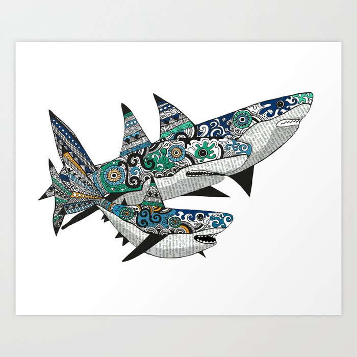 Pattern shark family Art Print