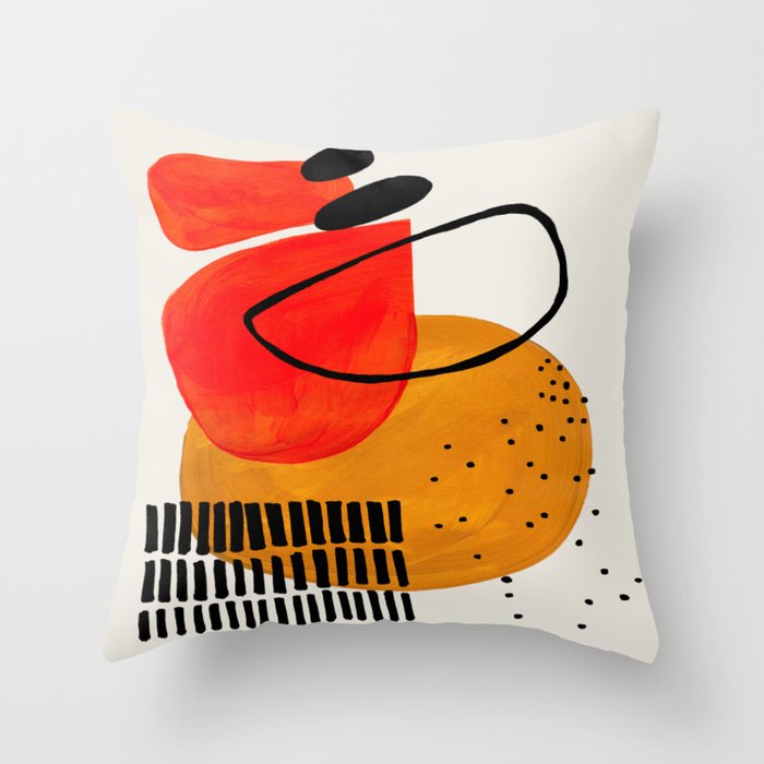 Mid Century Modern Abstract Colorful Art Yellow Ball Orange Shapes Orbit Black Pattern Throw Pillow
