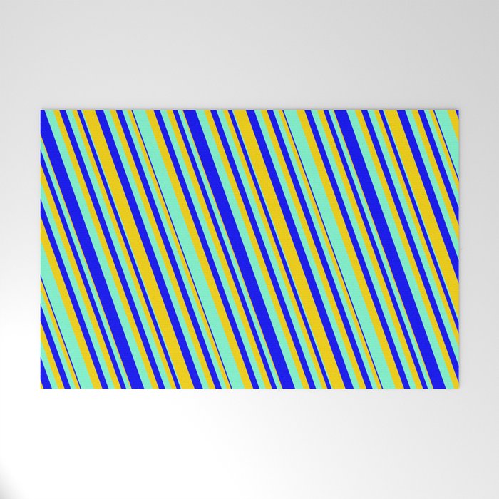 Aquamarine, Blue & Yellow Colored Lines Pattern Welcome Mat