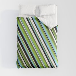 [ Thumbnail: Eye-catching Dark Olive Green, Green, Sky Blue, Black & White Colored Stripes/Lines Pattern Comforter ]