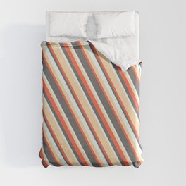 [ Thumbnail: Tan, Red, Dim Gray & Mint Cream Colored Stripes/Lines Pattern Duvet Cover ]