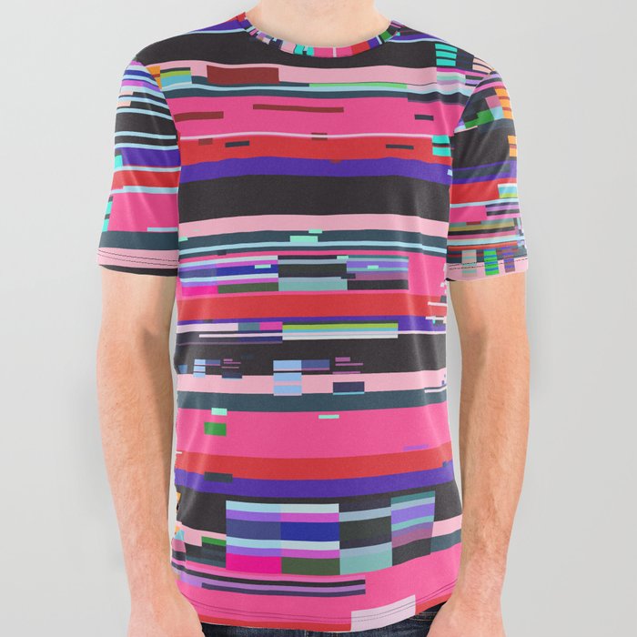 Retro VHS background like in old video tape rewind or no signal TV screen with glitch camera effect. Vaporwave/ retrowave style illustration. All Over Graphic Tee