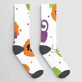 Halloween Seamless Pattern with Funny Spooky on White Background Socks