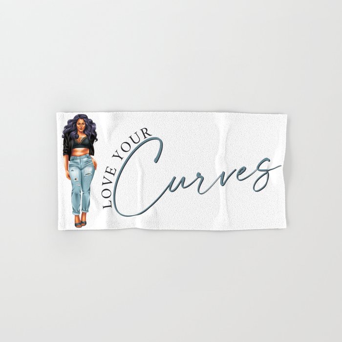 Love Your Curves Body Positivity Design - Curvy Girl Purple Hair Curved Text Hand & Bath Towel