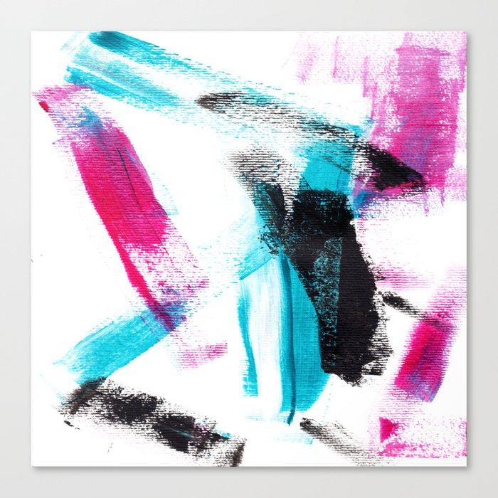 Modern hand painted pink turquoise black brushstrokes acrylic paint Canvas  Print by Audrey Chenal