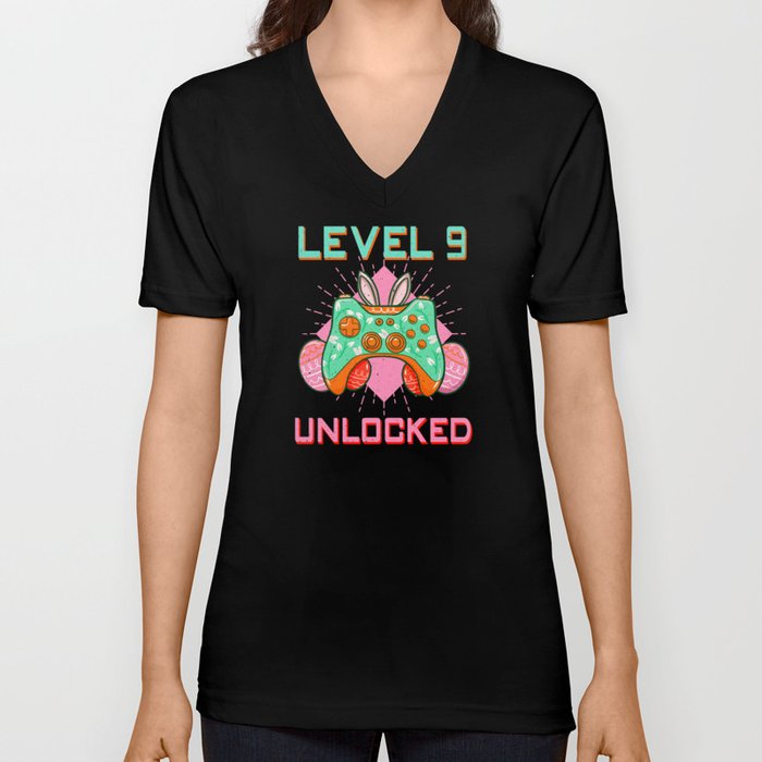 9 Year Old Level Unlock Gamer Game Easter Sunday V Neck T Shirt