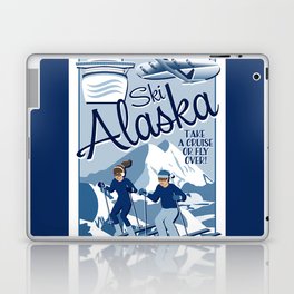 Vintage Style Ski Alaska Travel Poster // Skiing Adventure // Man and Woman Skiers // Navy, Slate, Blue, White Laptop Skin