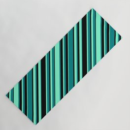 [ Thumbnail: Aquamarine, Teal, and Black Colored Pattern of Stripes Yoga Mat ]
