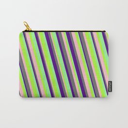 [ Thumbnail: Light Green, Pink, Dim Grey, Indigo & Green Colored Pattern of Stripes Carry-All Pouch ]
