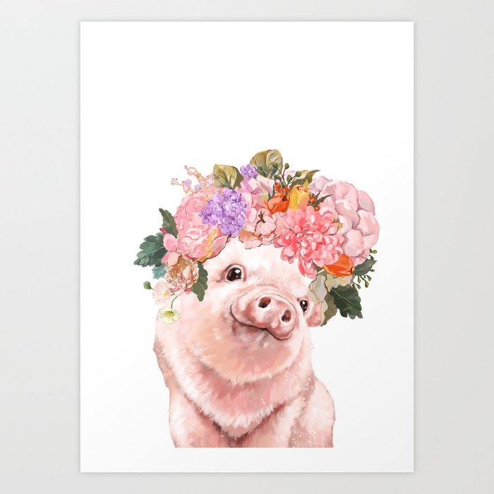 Lovely Baby Pig With Flowers Crown Art Print By