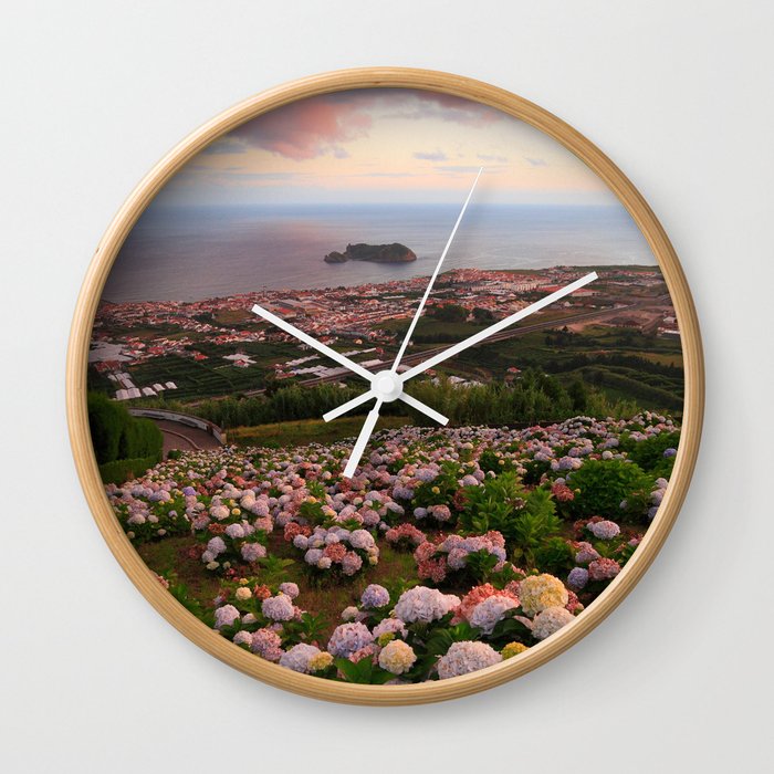 Azorean town at sunset Wall Clock