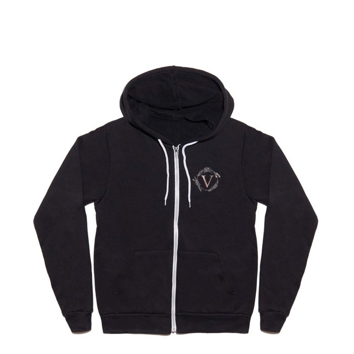 Letter V Rose Gold Pink Initial Monogram Full Zip Hoodie by Nature