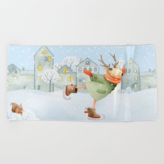 Merry christmas- Ice skating Deer and squirrel are having Winter fun Beach Towel