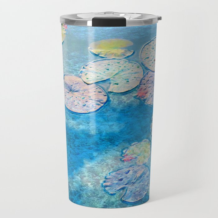lily pad leaves painted impressionism style in blue Travel Mug