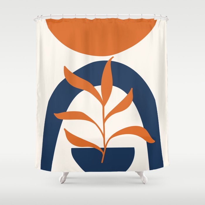 Abstract Shapes 58 in Orange and Navy Blue (Sun, Rainbow and Plant Abstraction) Shower Curtain