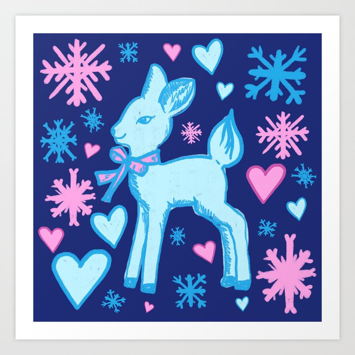 Baby Blue Fawn with Pink Hearts and Snowflakes over Navy Art Print