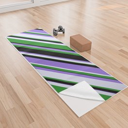 [ Thumbnail: Purple, Lavender, Forest Green & Black Colored Stripes Pattern Yoga Towel ]