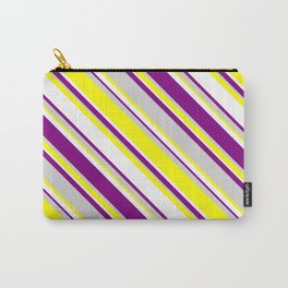 [ Thumbnail: White, Purple, Light Gray & Yellow Colored Lines Pattern Carry-All Pouch ]