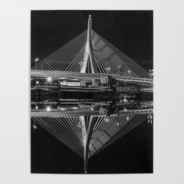 Lenny Zakim Bridge Reflection at Night Boston Massachusetts Black and White Poster