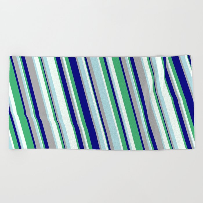 Eye-catching Powder Blue, Dark Gray, Blue, Sea Green & Mint Cream Colored Striped Pattern Beach Towel