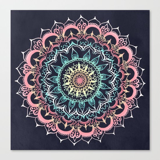Pink, Cream & Soft Turquoise Glow Medallion on Navy Canvas Print